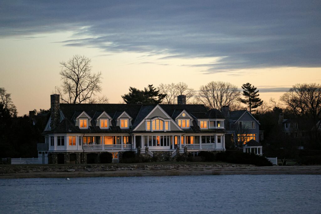 luxury waterfront estate at twilight in Stamford